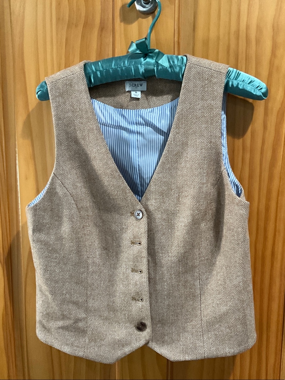 J. Crew Tan Herringbone Wool-Blend Vest with Blue Stripe Lining